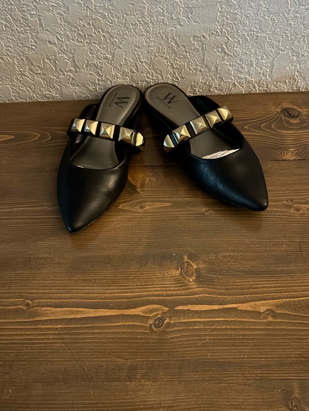 Black Pointed Toe Studded Slide Flats - Brand